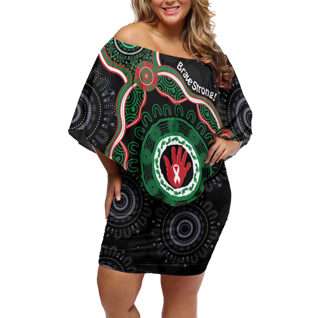 Australia Bowel Cancer Awareness Month Family Matching Off Shoulder Short Dress and Hawaiian Shirt Brave Strong Aboriginal Art