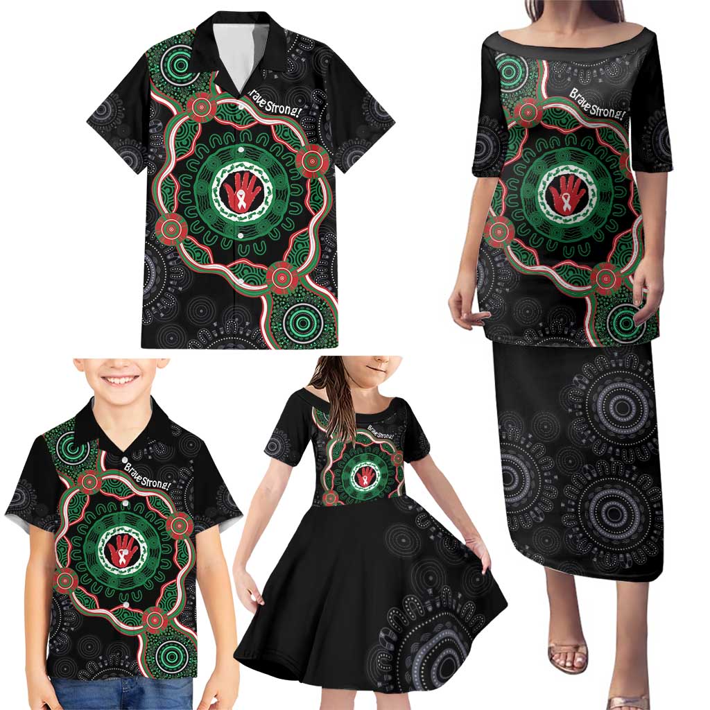 Australia Bowel Cancer Awareness Month Family Matching Puletasi and Hawaiian Shirt Brave Strong Aboriginal Art