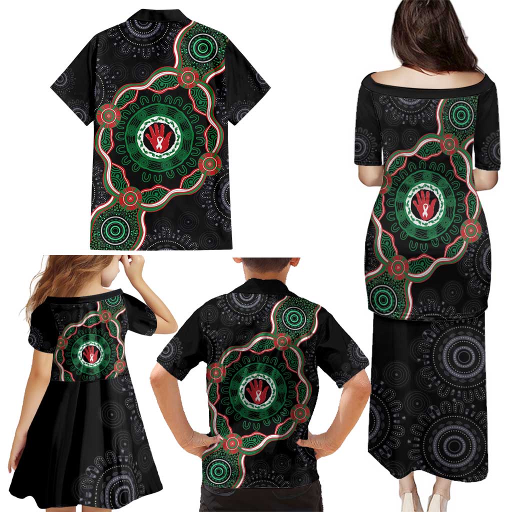 Australia Bowel Cancer Awareness Month Family Matching Puletasi and Hawaiian Shirt Brave Strong Aboriginal Art