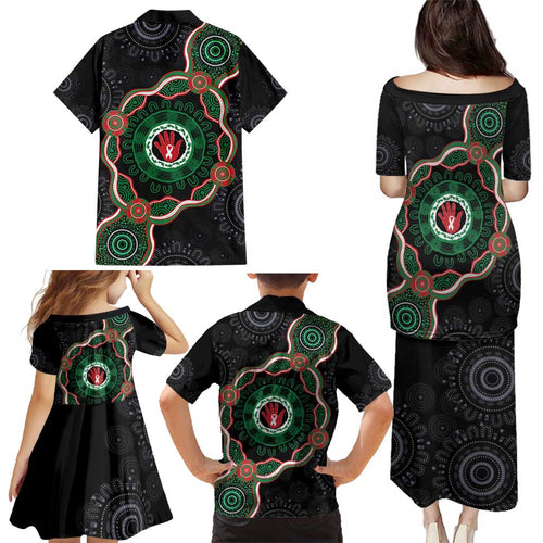 Australia Bowel Cancer Awareness Month Family Matching Puletasi and Hawaiian Shirt Brave Strong Aboriginal Art
