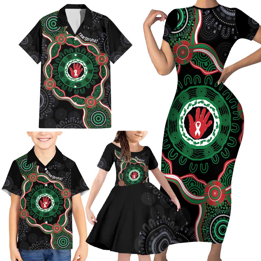 Australia Bowel Cancer Awareness Month Family Matching Short Sleeve Bodycon Dress and Hawaiian Shirt Brave Strong Aboriginal Art