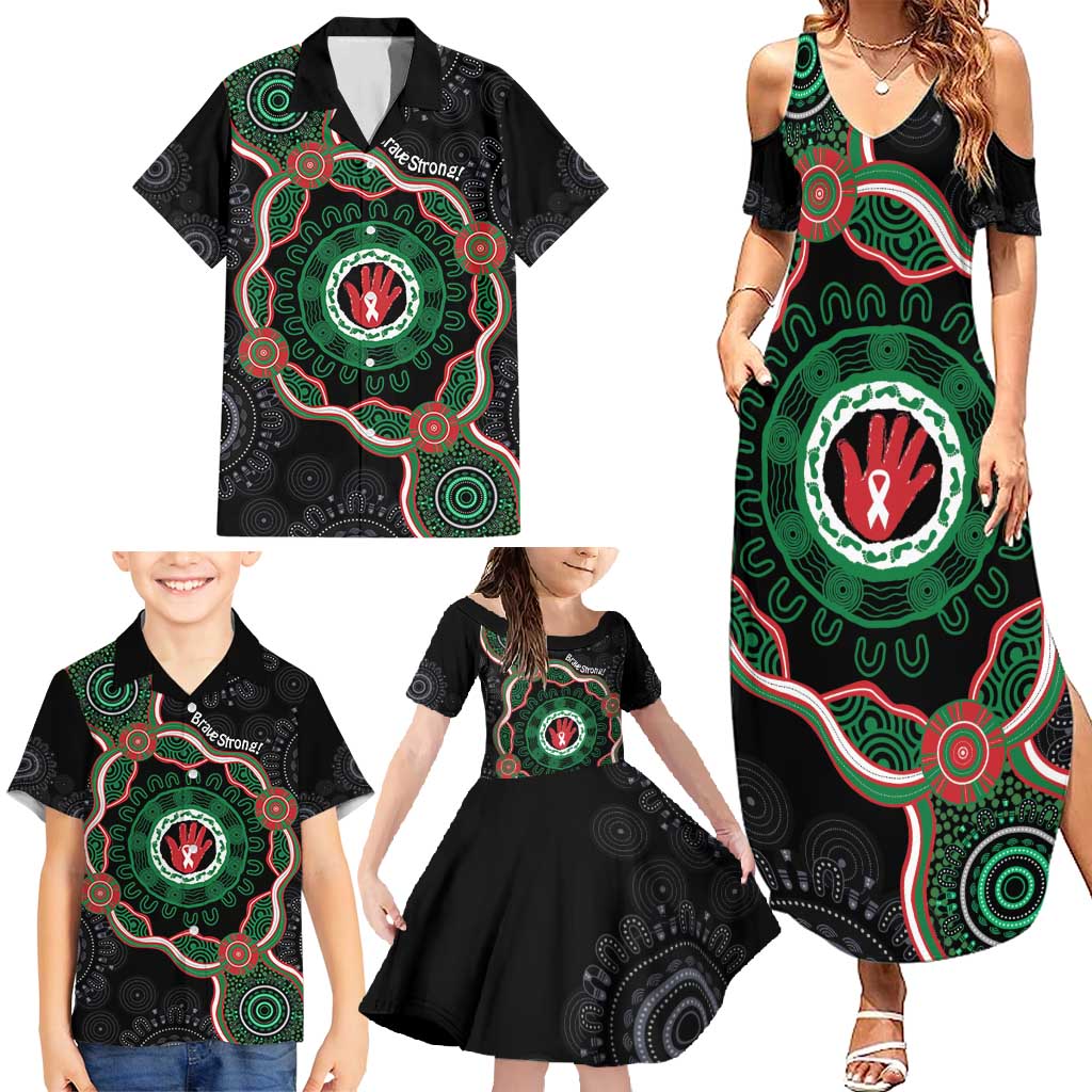 Australia Bowel Cancer Awareness Month Family Matching Summer Maxi Dress and Hawaiian Shirt Brave Strong Aboriginal Art