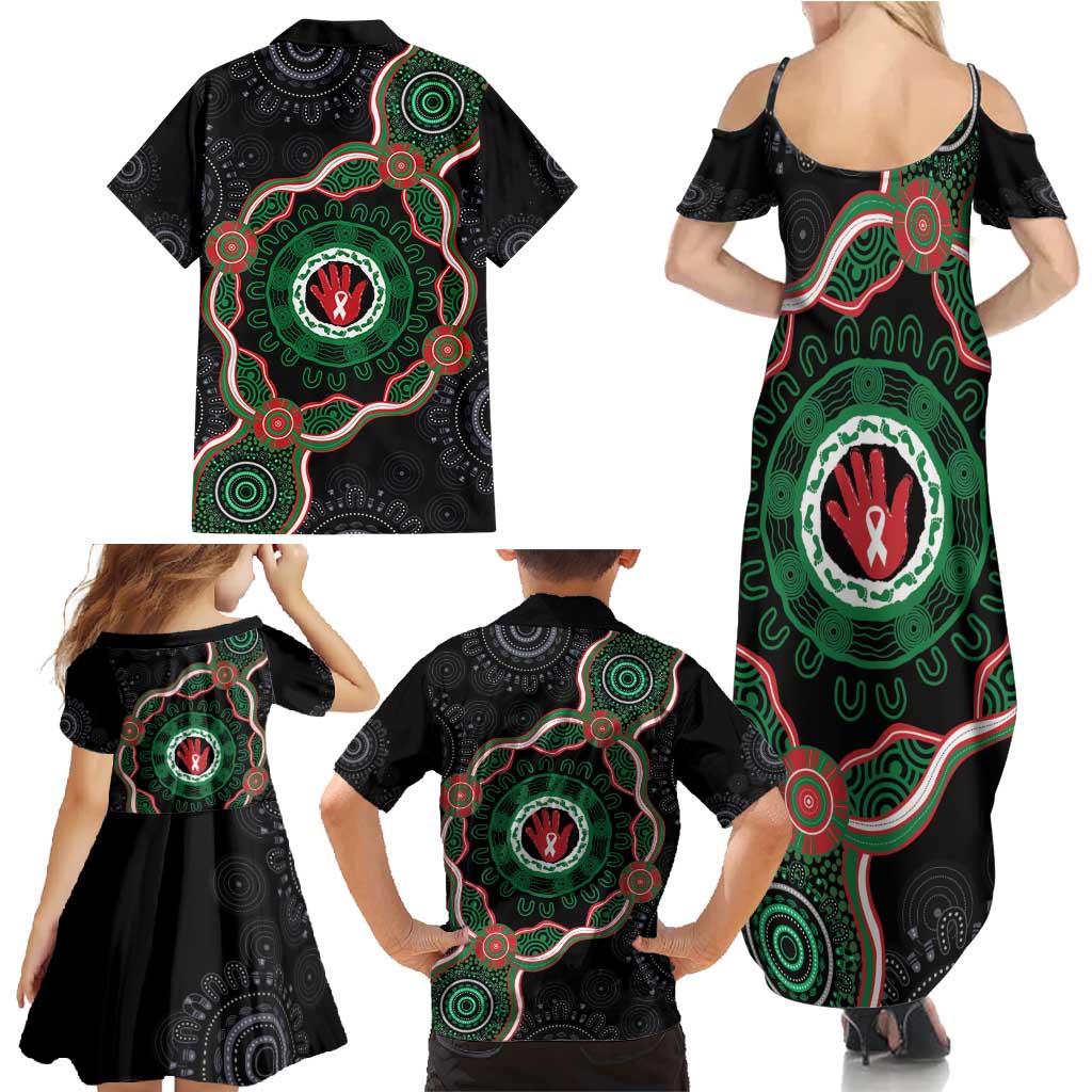 Australia Bowel Cancer Awareness Month Family Matching Summer Maxi Dress and Hawaiian Shirt Brave Strong Aboriginal Art