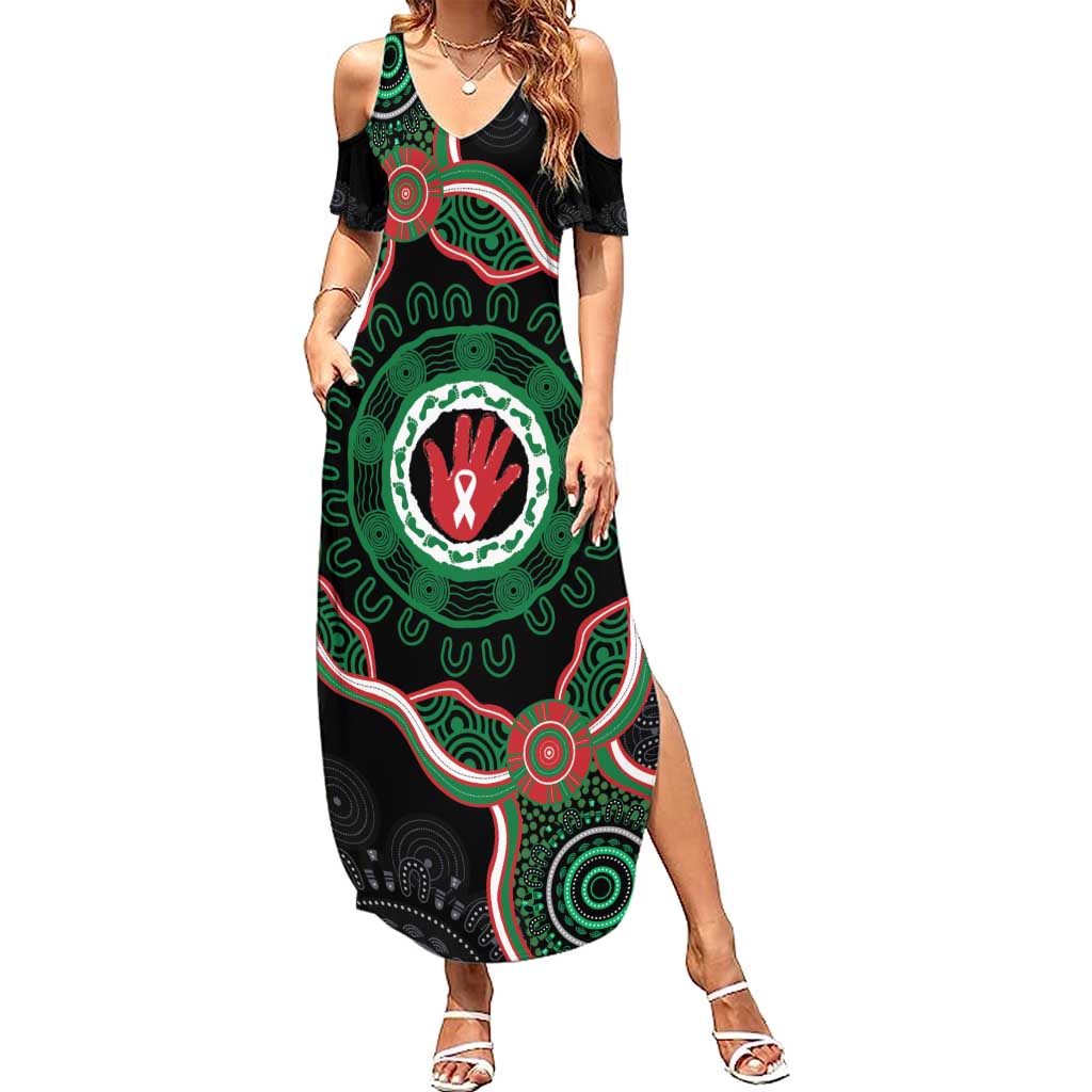 Australia Bowel Cancer Awareness Month Family Matching Summer Maxi Dress and Hawaiian Shirt Brave Strong Aboriginal Art