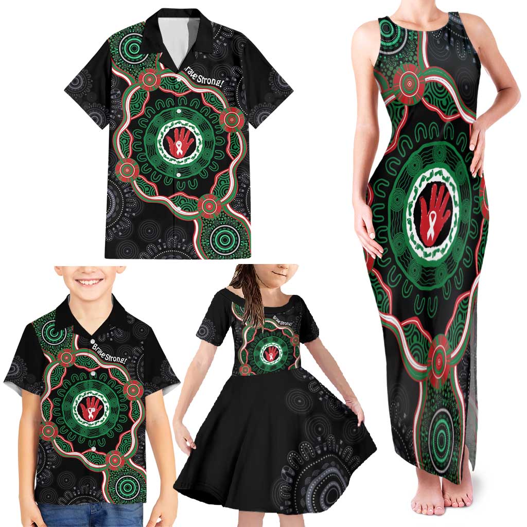 Australia Bowel Cancer Awareness Month Family Matching Tank Maxi Dress and Hawaiian Shirt Brave Strong Aboriginal Art