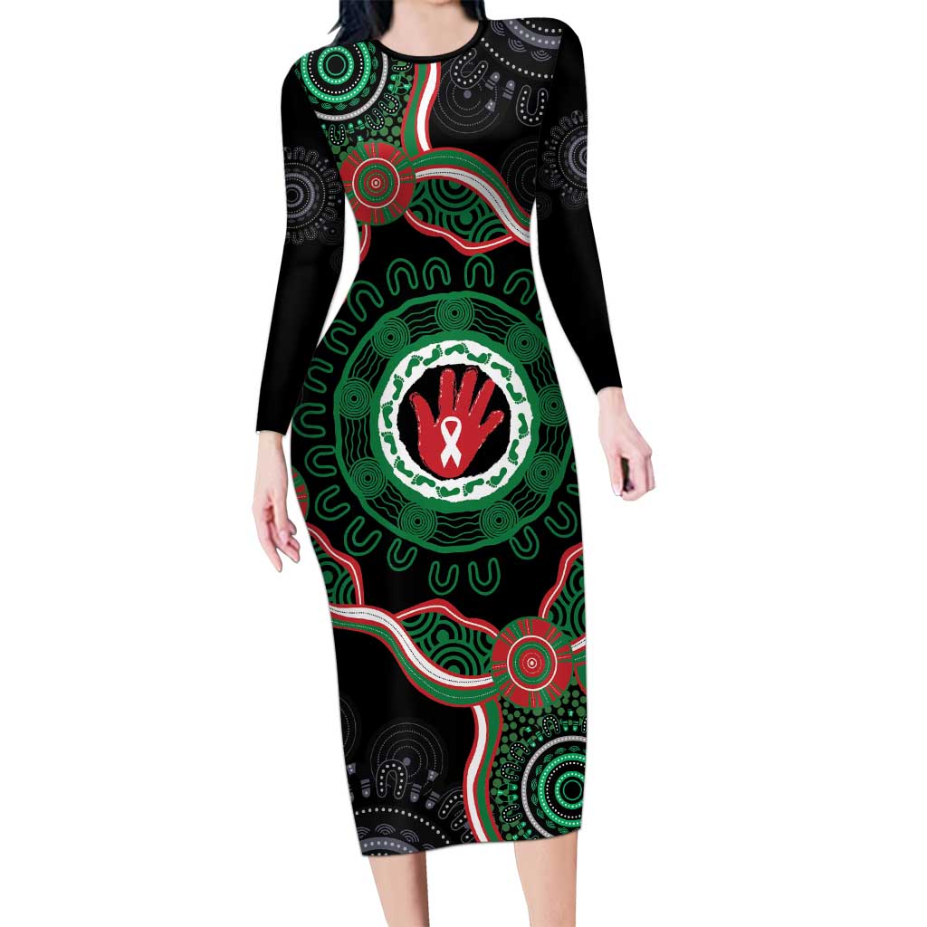 Australia Bowel Cancer Awareness Month Long Sleeve Bodycon Dress Brave Strong Aboriginal Art