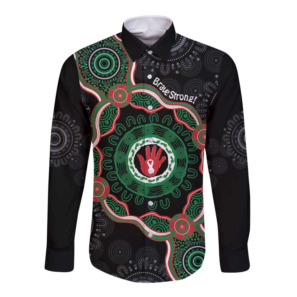 Australia Bowel Cancer Awareness Month Long Sleeve Button Shirt Brave Strong Aboriginal Art