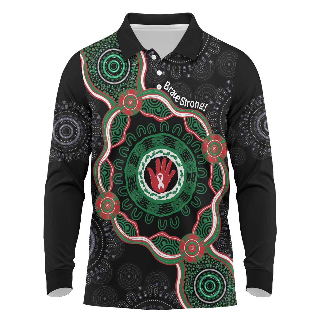 Australia Bowel Cancer Awareness Month Long Sleeve Polo Shirt Brave Strong Aboriginal Art