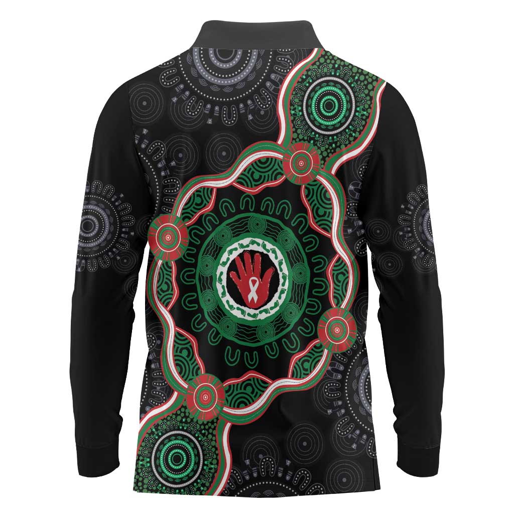 Australia Bowel Cancer Awareness Month Long Sleeve Polo Shirt Brave Strong Aboriginal Art