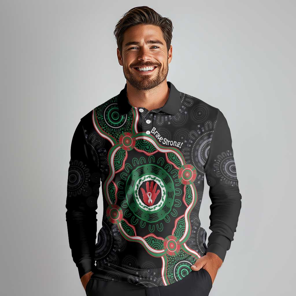 Australia Bowel Cancer Awareness Month Long Sleeve Polo Shirt Brave Strong Aboriginal Art