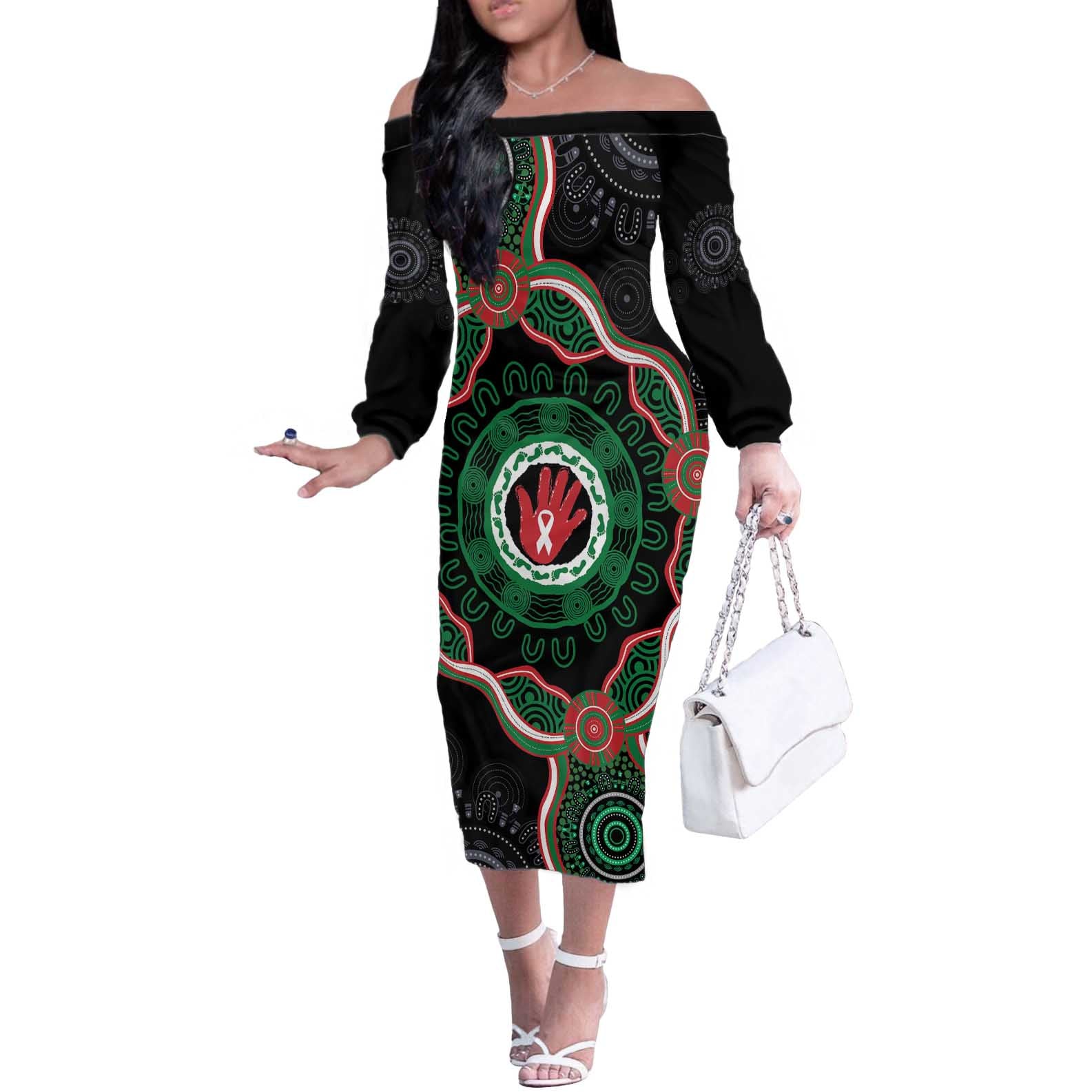 Australia Bowel Cancer Awareness Month Off The Shoulder Long Sleeve Dress Brave Strong Aboriginal Art