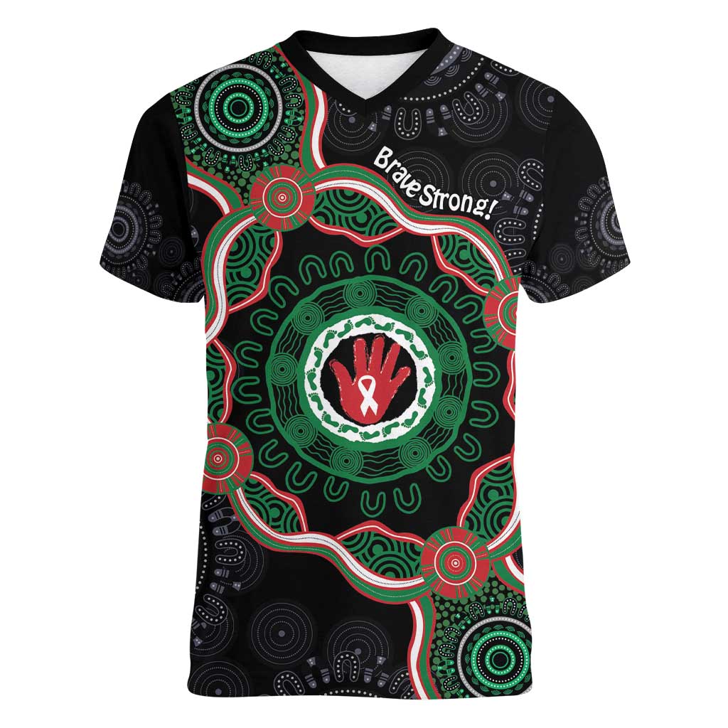 Australia Bowel Cancer Awareness Month Women V-Neck T-Shirt Brave Strong Aboriginal Art