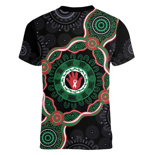 Australia Bowel Cancer Awareness Month Women V-Neck T-Shirt Brave Strong Aboriginal Art