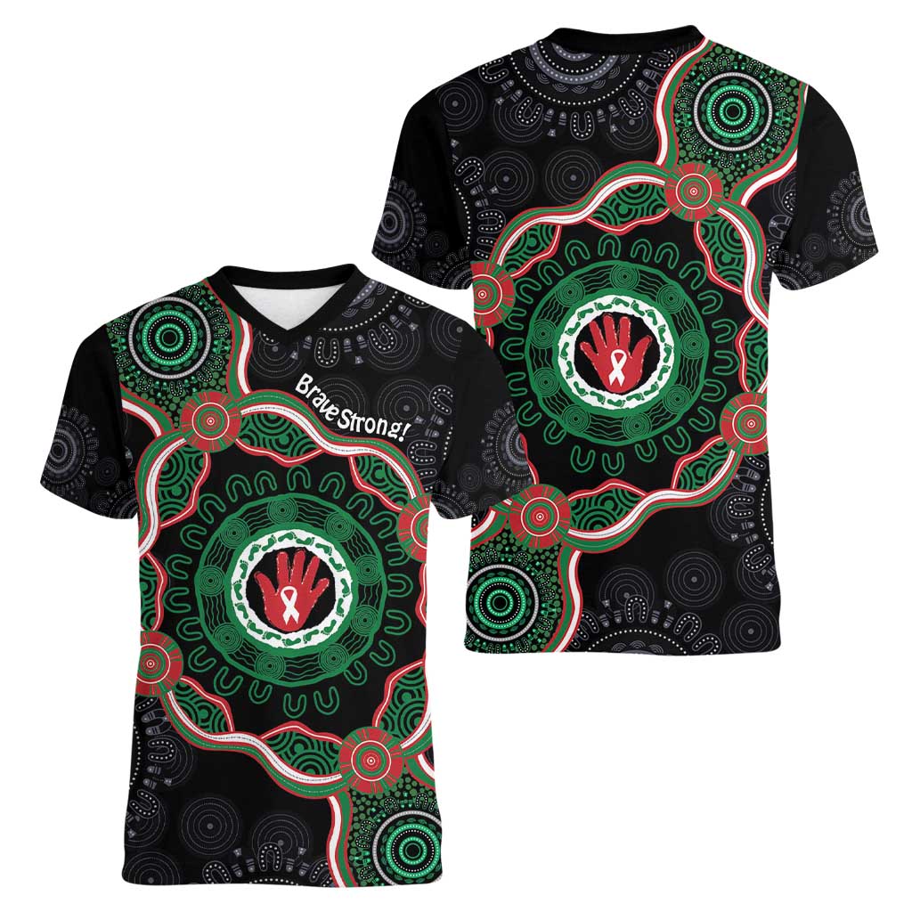 Australia Bowel Cancer Awareness Month Women V-Neck T-Shirt Brave Strong Aboriginal Art