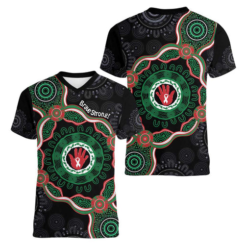 Australia Bowel Cancer Awareness Month Women V-Neck T-Shirt Brave Strong Aboriginal Art