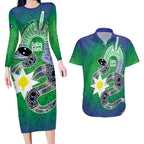 Australia Saibai Island Couples Matching Long Sleeve Bodycon Dress and Hawaiian Shirt Papuan Black Snake With Dhari