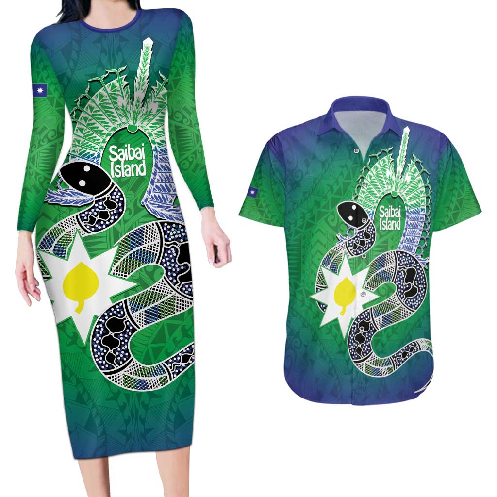 Australia Saibai Island Couples Matching Long Sleeve Bodycon Dress and Hawaiian Shirt Papuan Black Snake With Dhari