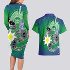 Australia Saibai Island Couples Matching Long Sleeve Bodycon Dress and Hawaiian Shirt Papuan Black Snake With Dhari