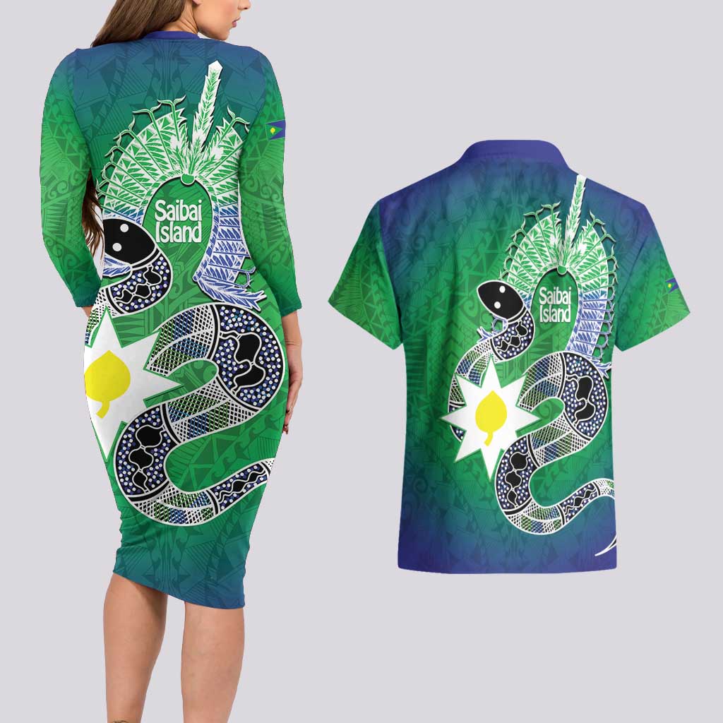 Australia Saibai Island Couples Matching Long Sleeve Bodycon Dress and Hawaiian Shirt Papuan Black Snake With Dhari