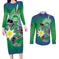 Australia Saibai Island Couples Matching Long Sleeve Bodycon Dress and Long Sleeve Button Shirt Papuan Black Snake With Dhari