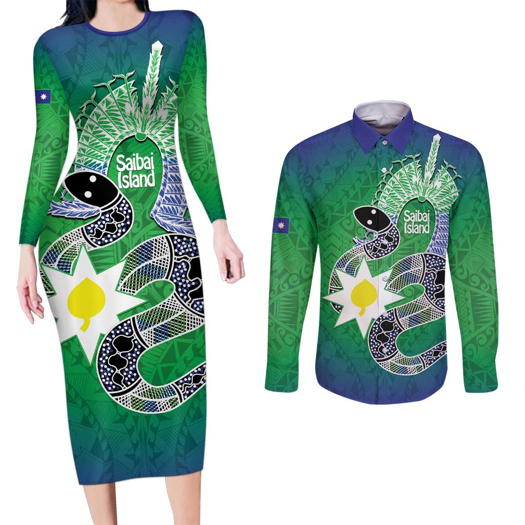 Australia Saibai Island Couples Matching Long Sleeve Bodycon Dress and Long Sleeve Button Shirt Papuan Black Snake With Dhari