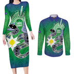 Australia Saibai Island Couples Matching Long Sleeve Bodycon Dress and Long Sleeve Button Shirt Papuan Black Snake With Dhari