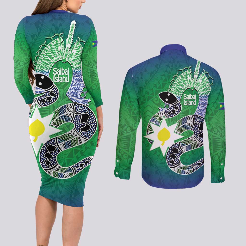 Australia Saibai Island Couples Matching Long Sleeve Bodycon Dress and Long Sleeve Button Shirt Papuan Black Snake With Dhari