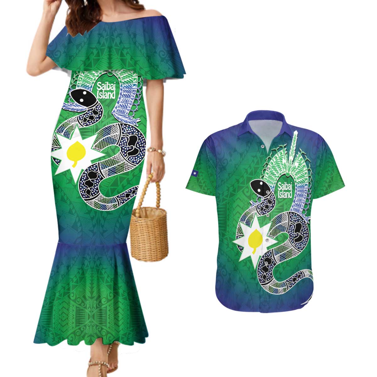 Australia Saibai Island Couples Matching Mermaid Dress and Hawaiian Shirt Papuan Black Snake With Dhari
