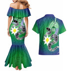 Australia Saibai Island Couples Matching Mermaid Dress and Hawaiian Shirt Papuan Black Snake With Dhari