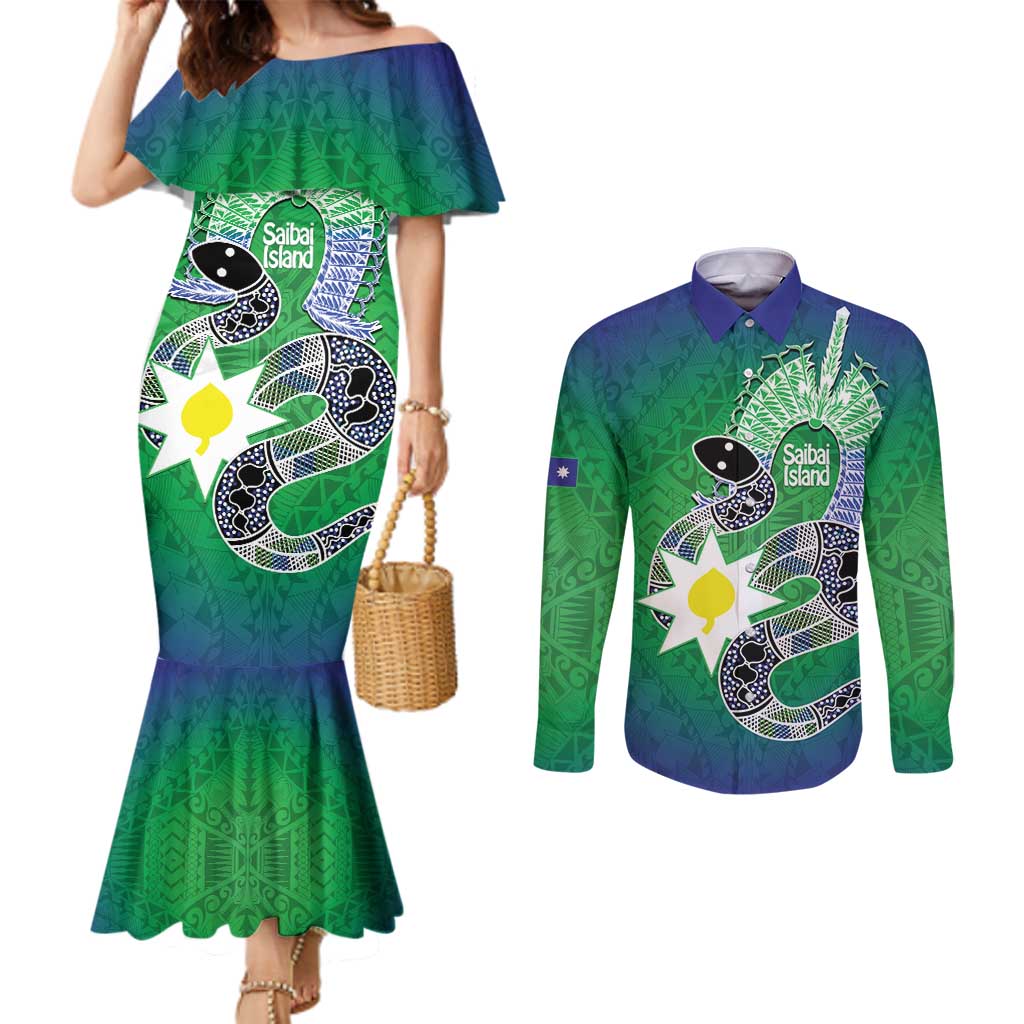 Australia Saibai Island Couples Matching Mermaid Dress and Long Sleeve Button Shirt Papuan Black Snake With Dhari