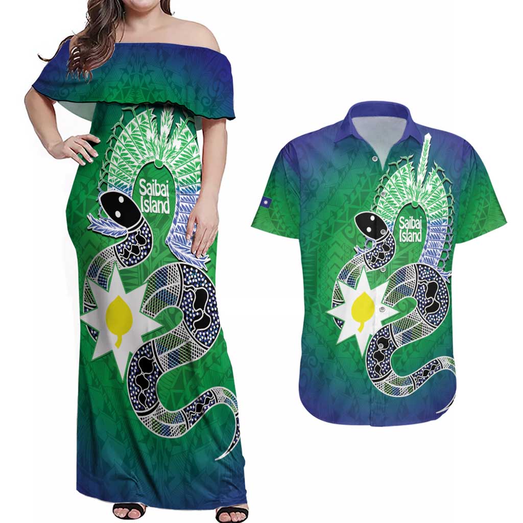 Australia Saibai Island Couples Matching Off Shoulder Maxi Dress and Hawaiian Shirt Papuan Black Snake With Dhari