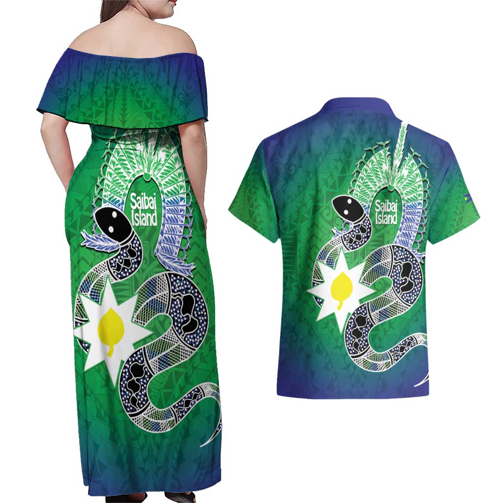 Australia Saibai Island Couples Matching Off Shoulder Maxi Dress and Hawaiian Shirt Papuan Black Snake With Dhari