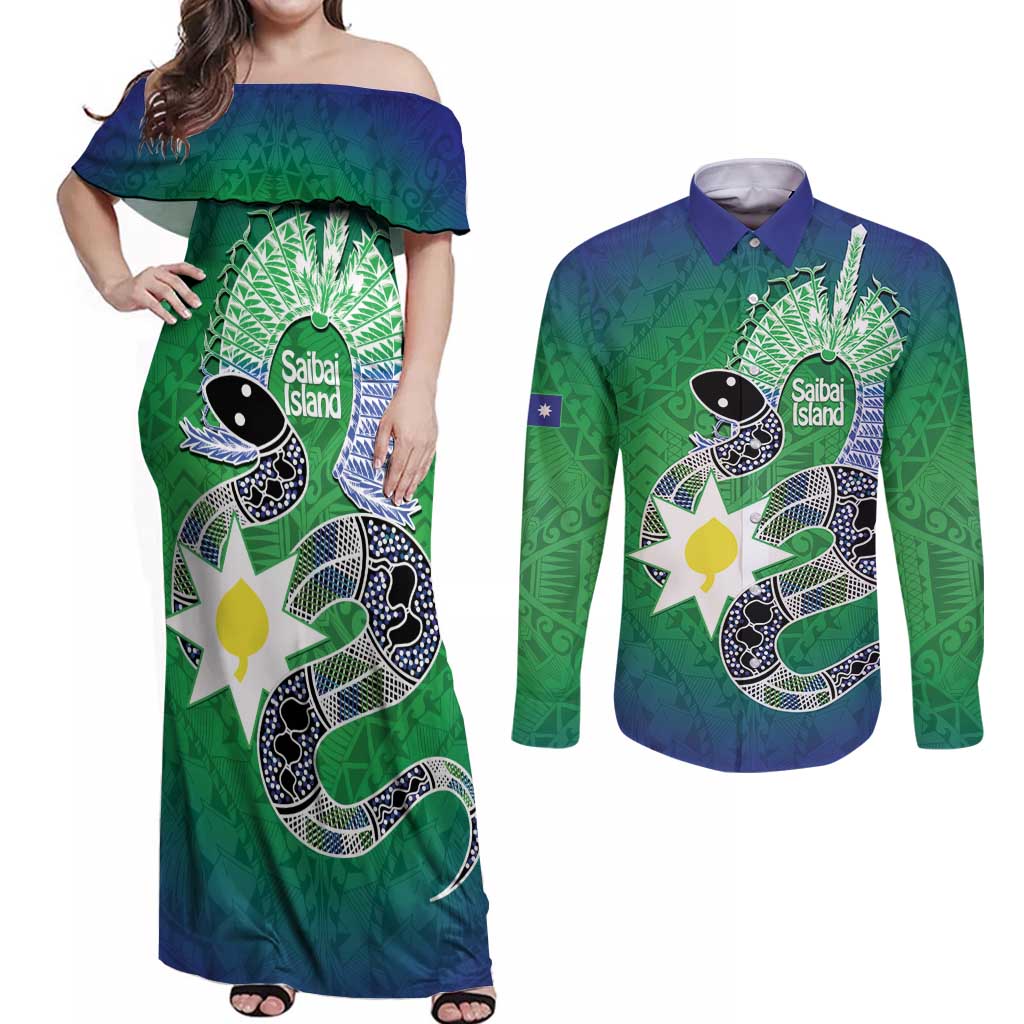 Australia Saibai Island Couples Matching Off Shoulder Maxi Dress and Long Sleeve Button Shirt Papuan Black Snake With Dhari