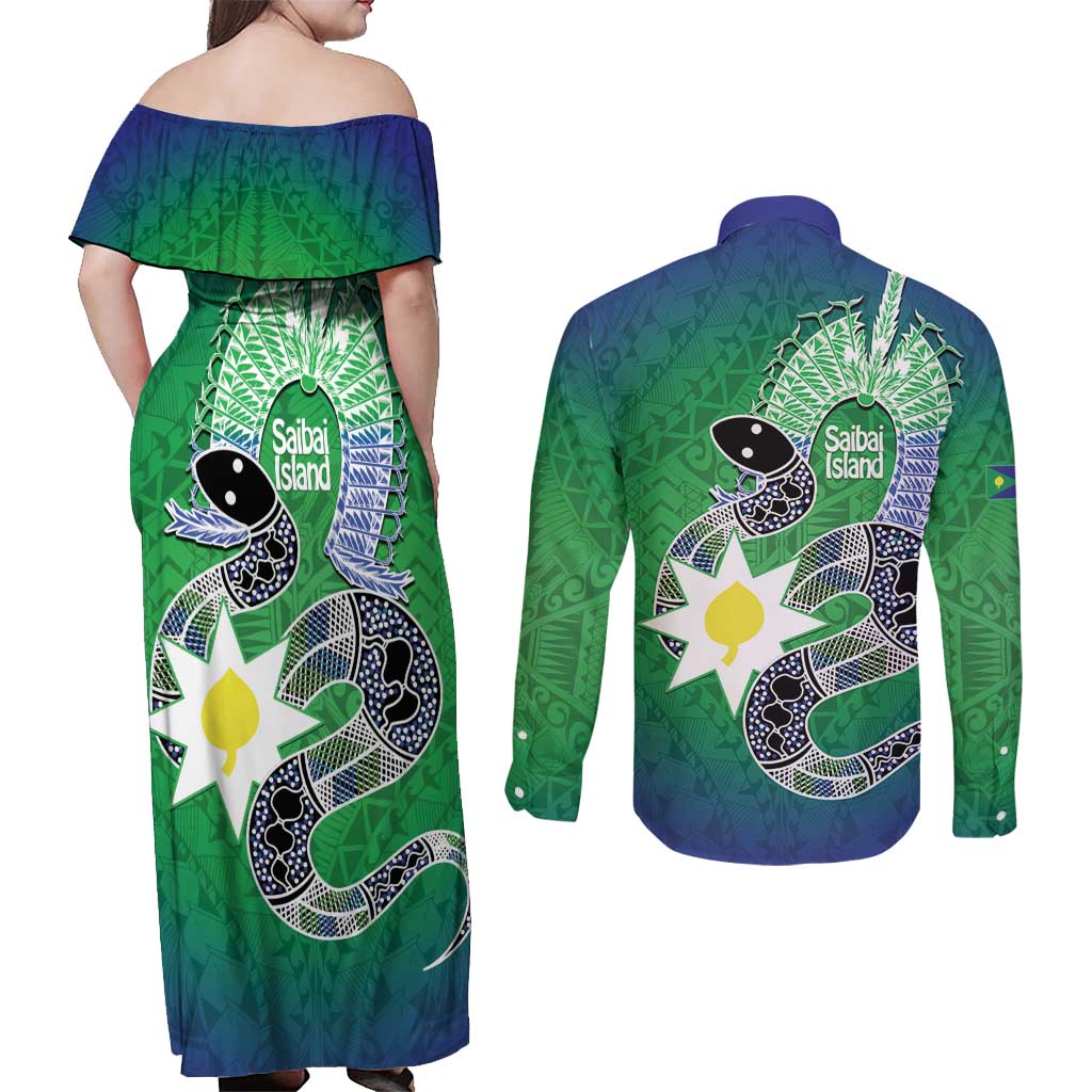 Australia Saibai Island Couples Matching Off Shoulder Maxi Dress and Long Sleeve Button Shirt Papuan Black Snake With Dhari