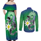 Australia Saibai Island Couples Matching Off Shoulder Maxi Dress and Long Sleeve Button Shirt Papuan Black Snake With Dhari