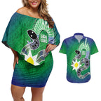 Australia Saibai Island Couples Matching Off Shoulder Short Dress and Hawaiian Shirt Papuan Black Snake With Dhari