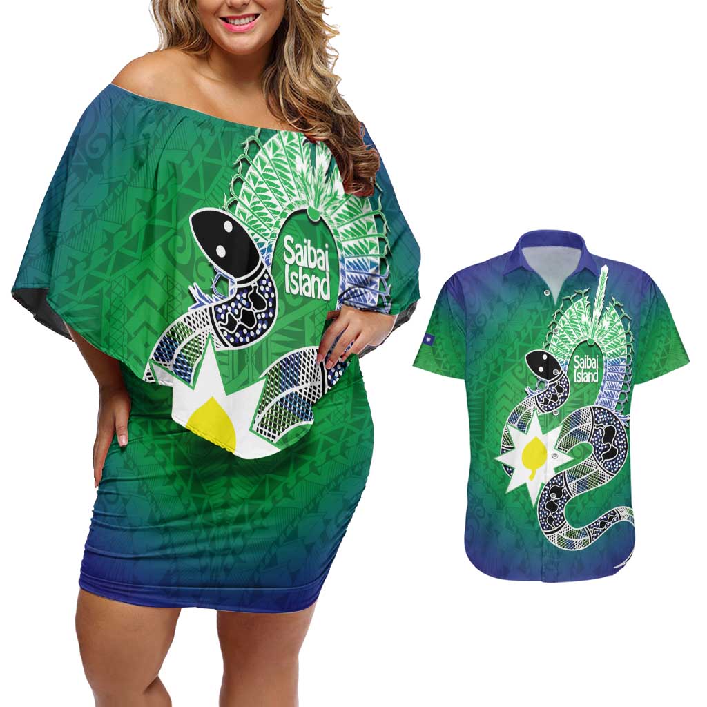 Australia Saibai Island Couples Matching Off Shoulder Short Dress and Hawaiian Shirt Papuan Black Snake With Dhari