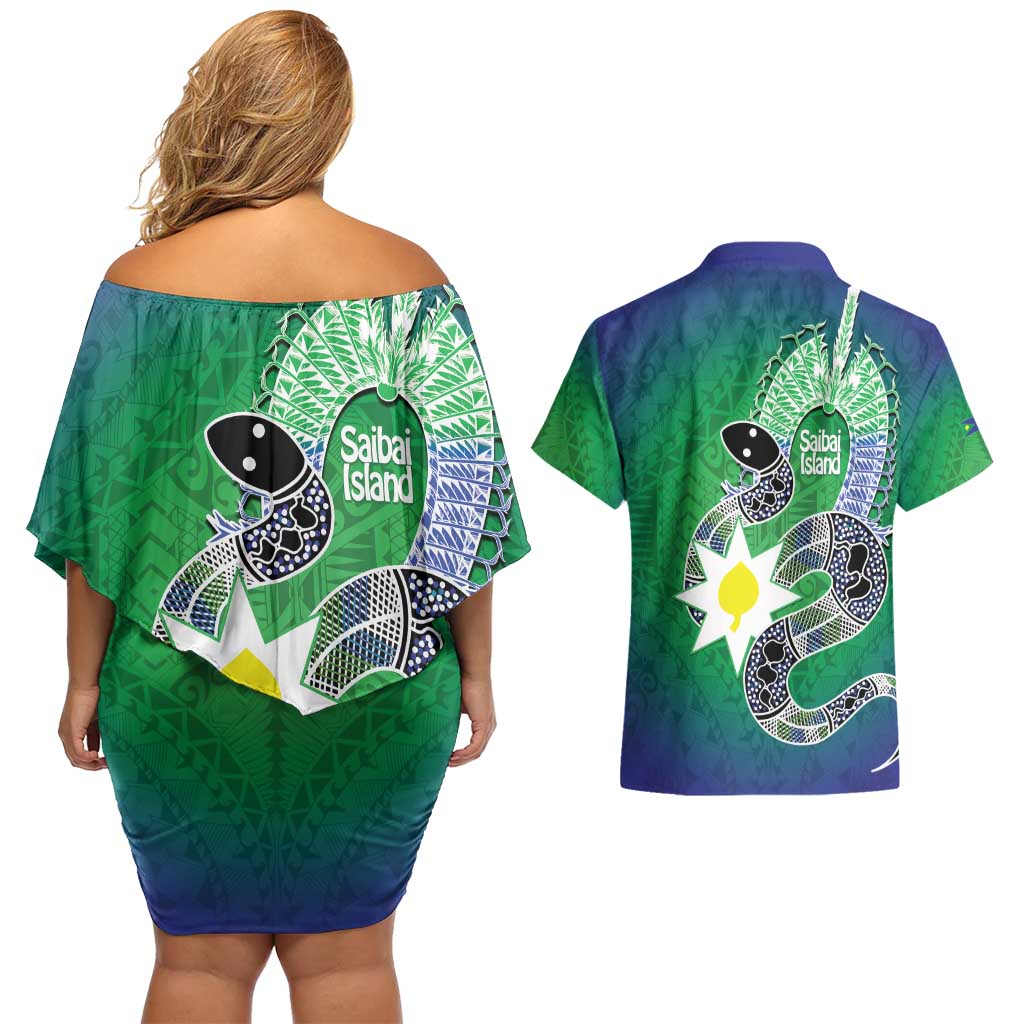 Australia Saibai Island Couples Matching Off Shoulder Short Dress and Hawaiian Shirt Papuan Black Snake With Dhari