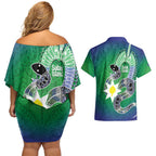 Australia Saibai Island Couples Matching Off Shoulder Short Dress and Hawaiian Shirt Papuan Black Snake With Dhari