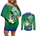 Australia Saibai Island Couples Matching Off Shoulder Short Dress and Long Sleeve Button Shirt Papuan Black Snake With Dhari