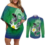 Australia Saibai Island Couples Matching Off Shoulder Short Dress and Long Sleeve Button Shirt Papuan Black Snake With Dhari