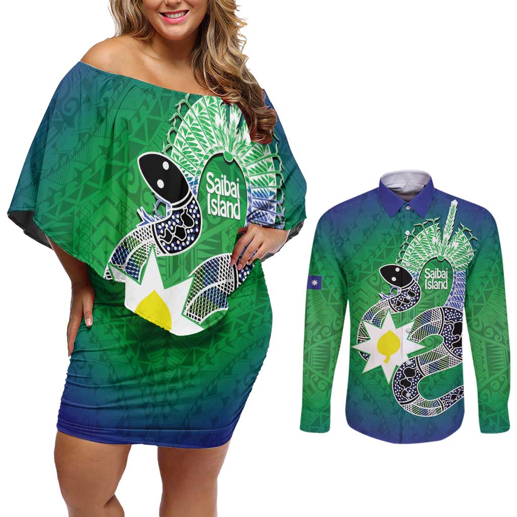 Australia Saibai Island Couples Matching Off Shoulder Short Dress and Long Sleeve Button Shirt Papuan Black Snake With Dhari
