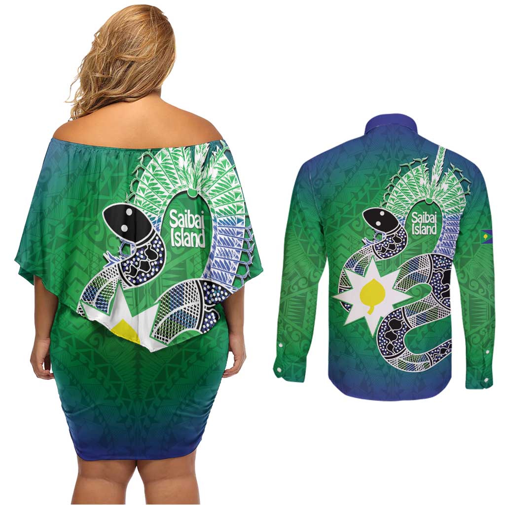 Australia Saibai Island Couples Matching Off Shoulder Short Dress and Long Sleeve Button Shirt Papuan Black Snake With Dhari