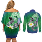 Australia Saibai Island Couples Matching Off Shoulder Short Dress and Long Sleeve Button Shirt Papuan Black Snake With Dhari