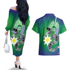 Australia Saibai Island Couples Matching Off The Shoulder Long Sleeve Dress and Hawaiian Shirt Papuan Black Snake With Dhari