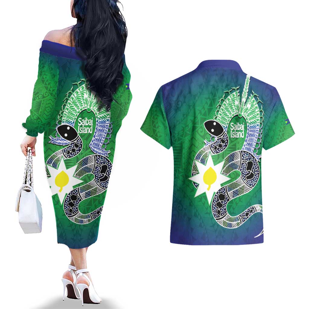Australia Saibai Island Couples Matching Off The Shoulder Long Sleeve Dress and Hawaiian Shirt Papuan Black Snake With Dhari