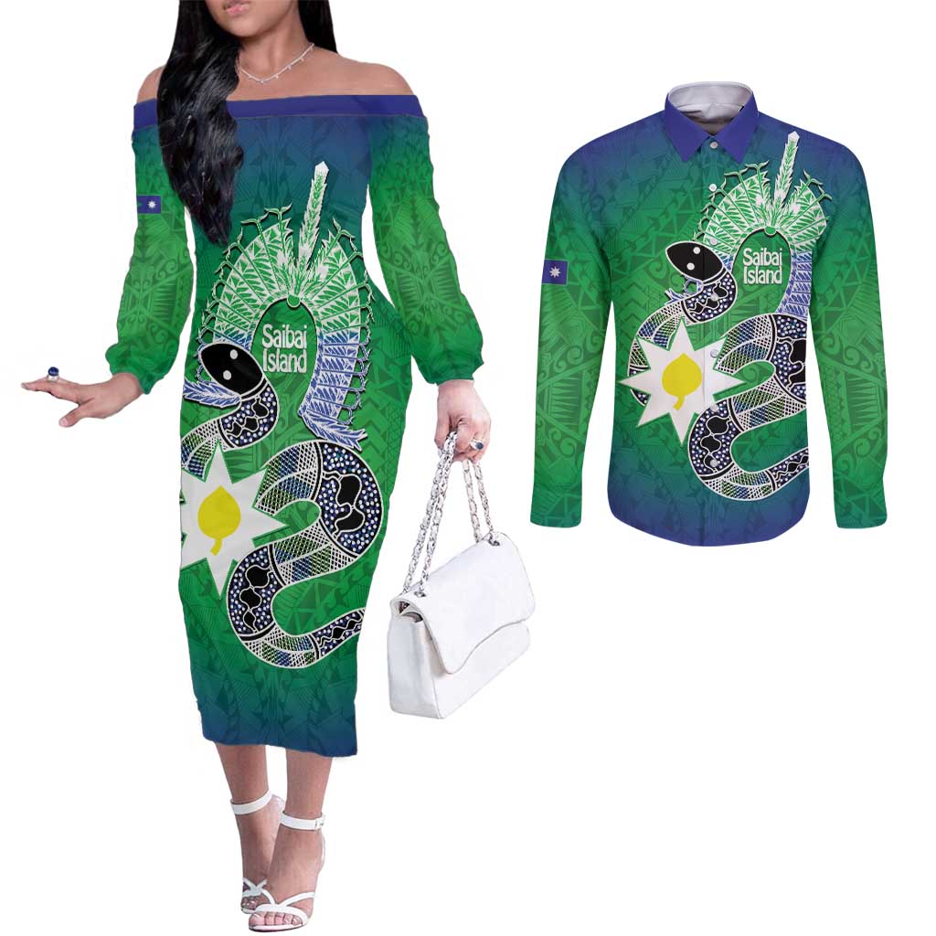 Australia Saibai Island Couples Matching Off The Shoulder Long Sleeve Dress and Long Sleeve Button Shirt Papuan Black Snake With Dhari
