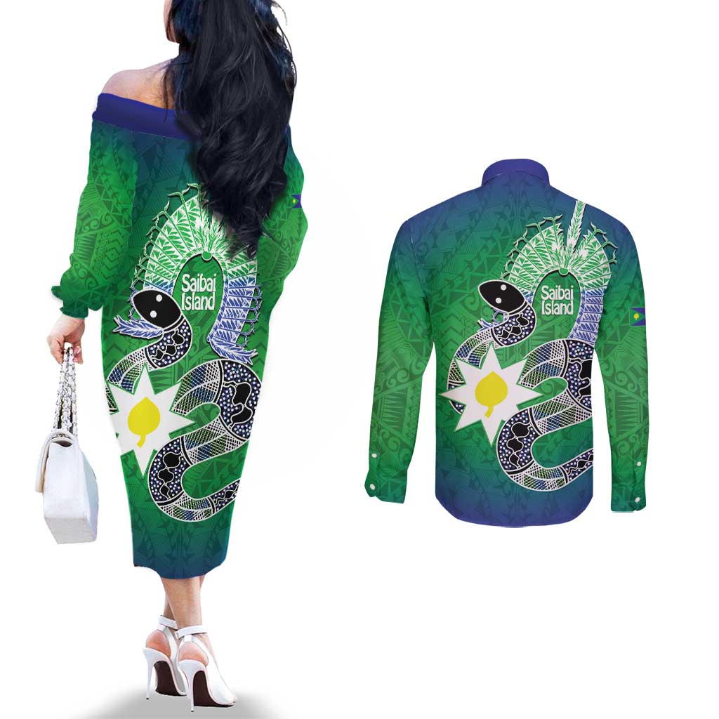 Australia Saibai Island Couples Matching Off The Shoulder Long Sleeve Dress and Long Sleeve Button Shirt Papuan Black Snake With Dhari