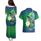 Australia Saibai Island Couples Matching Puletasi and Hawaiian Shirt Papuan Black Snake With Dhari