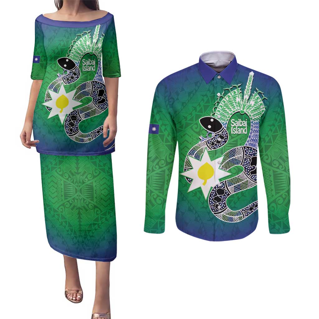 Australia Saibai Island Couples Matching Puletasi and Long Sleeve Button Shirt Papuan Black Snake With Dhari